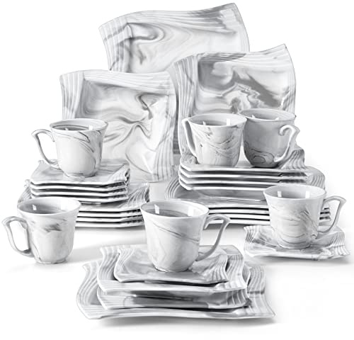 MALACASA, Series Amparo, 30 delar marmorgrå middagsset porslinsservis set med 6 mattallrikar/desserttallrikar/sopptallrikar/koppar/fat, servering för 6