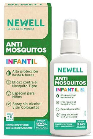 NEWELL | Repelente Antimosquitos Infantil para bebés A PARTIR DE 6 MESES | Eficaz Contra Mosquitos Tigre 6 horas | Spray, Botella 100 ml 100% Reciclada y Reciclable, Aerosol