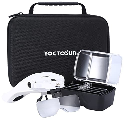 YOCTOSUN Magnifying Glasses with Light, LED Head Magnifier with 5 Lenses, Headband, Storage Case, Hands Free Lighted Head Magnifying Visor for Close Work Hobby Crafts