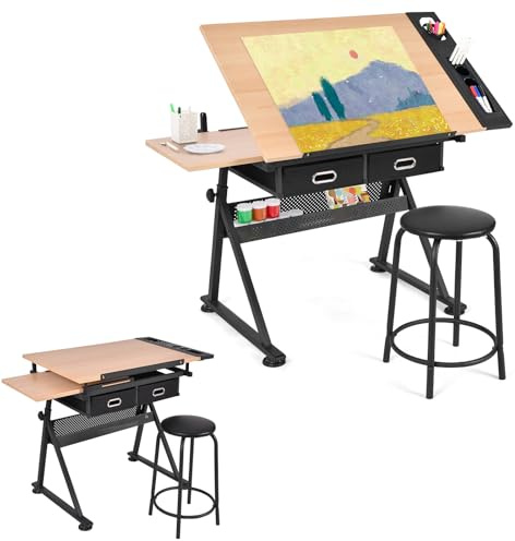 LIFEZEAL Table à Dessin Plateau Inclinable 0-60° avec 2 Tiroirs, Hauteur Réglable 119x61,5x73,5-98 cm, Table d’Architecte Bois, Tabouret avec Repose-Pieds, Charge de 50/80 kg, Naturel