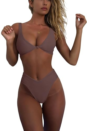 geluboao High Cut Bathing Suits for Women 2 Piece High Waisted Thong Bikini Bottom Sexy Kont Front Push Up Bikini Top Coffee M