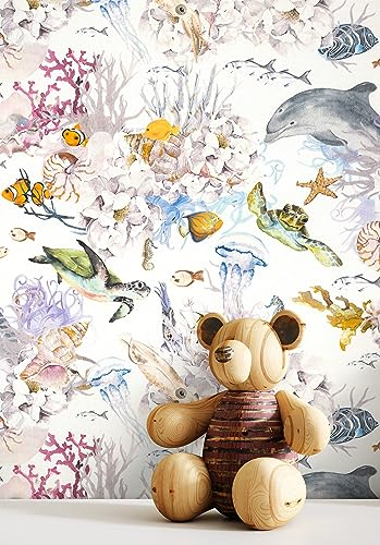 NEWROOM Tapete Creme Vliestapete Korallen - Kindertapete Kinder Rose Blau Unterwasserwelt Fische Jugendtapete Verspielt Babytapete inkl. Tapezier-Ratgeber