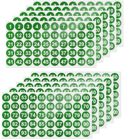 YIKIADA Adesivo numero verde 25 mm vinile 10 fogli da 1 a 100 numeri impermeabili adesivi per ufficio casa bambini 500 pezzi