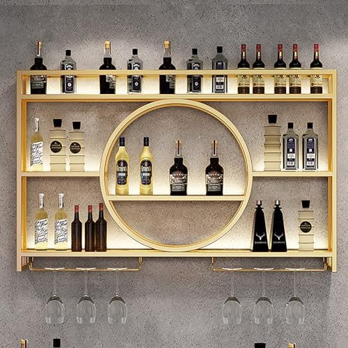 Estante de Vino Montado en la Pared Con Luz LED - Unidad de Barra Flotante Para Exhibición de Botellas de Licor - Almacenamiento Multifuncional Con Soporte Para Copas