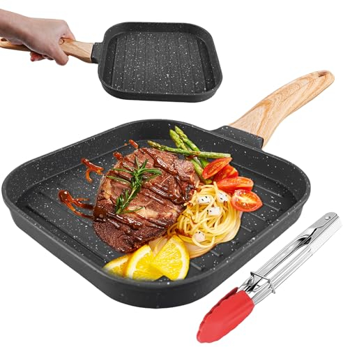WIYETY Sartén parrilla con mango, 19 x 20 cm, de piedra médica con pinzas de barbacoa, sartén, para alas de pollo, filetes, panqueques, todo tipo de fuegos, color negro