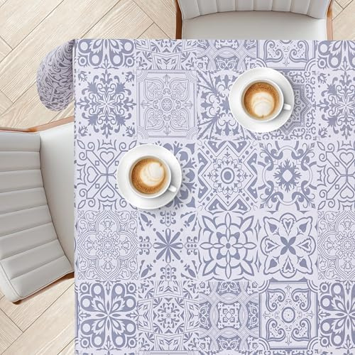 KP HOME Blue-Grey PVC Table Cloth Wipe Clean Tablecloth with Porto Tiles Print - Rectangular 78.7x 55.1 - 200x140 cm Waterproof and Wipeable Plastic Table Cover Rectangle Vinyl Oil Cloth Outdoor