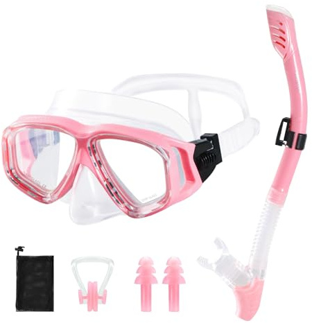 HIKOTEY Snorkelset för vuxna, dykglasögon, snorkling, vuxenset med panoramabild, dykmask, anti-läcka snorklingsmask för snorkling, simning och dykning (rosa)