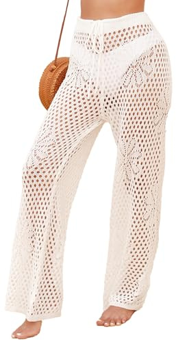 FEOYA Pantalones de playa de malla transparente para mujer, de punto largo, cintura alta, elásticos, parte inferior de playa, blanco brillante, S
