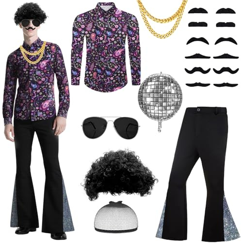 Lot de 18 costumes disco des années 70, tenue hippie avec pantalon flottant, chemise, perruque, coiffe, fausse barbe, verres à bord doré, chaîne dorée et ballon pour carnaval et Halloween