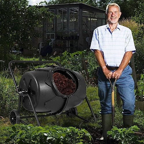 Compostador Giratorio, Contenedor De Abono para Jardín con Vaso De Plástico para Patio Trasero Al Aire Libre De 190L con Asa Y Ruedas, Composición Fácil Y Rápida