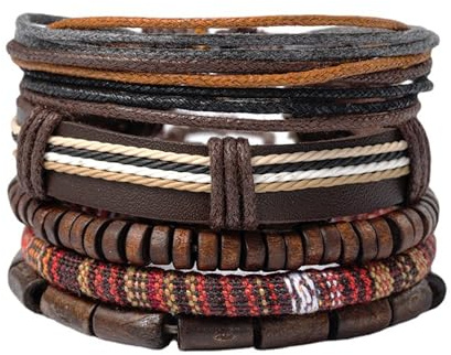 Ticome Multi Layer Cowhide Bracelet,Adjustable Handmade Wood Bead Wax Rope,Wooden Beaded Bracelet Bangle for Men Women,Bohemian Style Tourism Accessories(1set of 5 pcs)