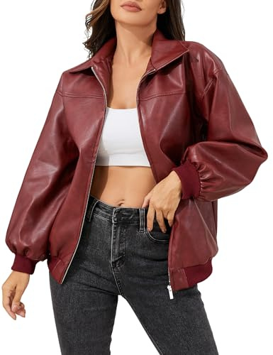 KWSTAIN Red Leather Jacket Women Going Out Casual Lined Motorcycle Bomber Boyfriend Punk Pleather Outerwear with 2 Pockets (Wine,XL)