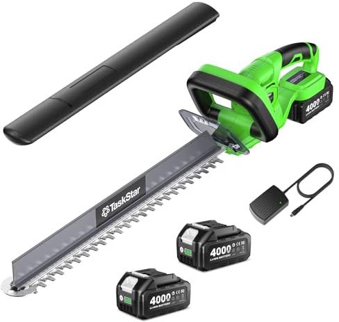 TaskStar Tagliasiepi a Batteria 56 cm, Tagliasiepi Elettrico con Impugnatura Rotante, Raccoglitore di Detriti, 2 Batterie Ricaricabili da 4,0Ah, Lama a Doppia Azione, Tagliasiepi per Arbusti e Giardin
