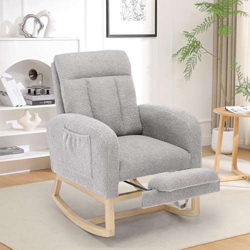 RBFGYIOP Comfort Nursery Rocking Chair with Adjustable Footrest – Ergonomic Glider Rocker for Breastfeeding, Soft Teddy Fleece Upholstery, Deep Cushioning for Ultimate Relaxation