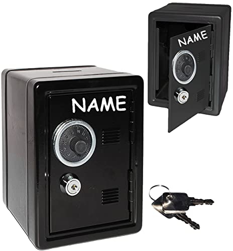 alles-meine.de GmbH Spardose Tresor Schrank - Schwarz - incl. Name - mit Schlüssel & Zahlenschloss/Zählwerk - aus Metall - stabile Sparbüchse für die Reisekasse - Geldtreso..