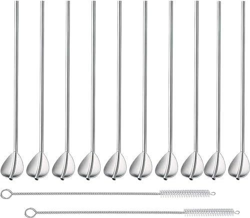 Ouinne 10 Pezzi Cucchiaio Cannuccia, Multifunzionale Bere Cucchiaio di Paglia con Spazzola per la Pulizia Riutilizzabile Fit caffè tè Famiglia