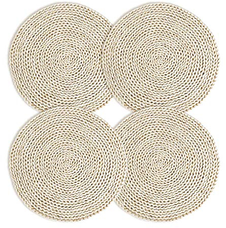 Tovagliette in tessuto rotondo, 12, tovagliette in paglia, naturale a mano, tappetino da tavolo in mais intrecciato, antiscivolo e resistenti al calore, decorate per feste di matrimonio (4 pezzi)