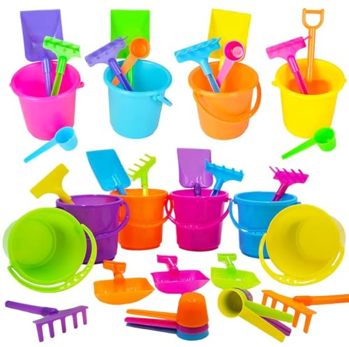 The Dreidel Company 6-Pack Mini Beach Playsets, Play Set Includes 1 Sand Bucket, 1 Shovel, 1 Rake, and 1 Scoop, Birthday Treats for Boys and Girls, Party Favors for Kids and Toddlers, 3 Inch