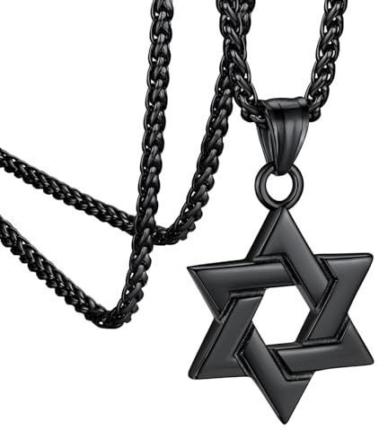 Bestyle Jewish Star Necklace Men Chain Cool Black Necklaces Men Magen David Star Pendant Jewish Protective Jewelry for Father/Husband