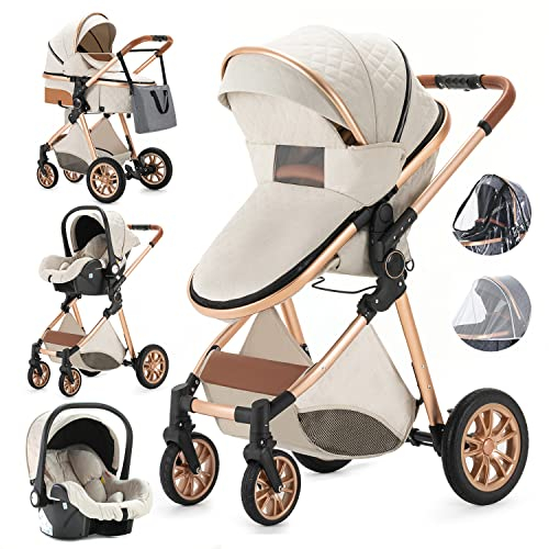Gcarebb Kinderwagen 3 in 1, Buggy Mit Auto Babyschale, Mit Einem Klick Zusammenklappbarer Tragbarer Kinderwagen Komplettset, KombiKinderwagen Mit Aluminiumrahmen für Neugeborene 0-3 Jahre