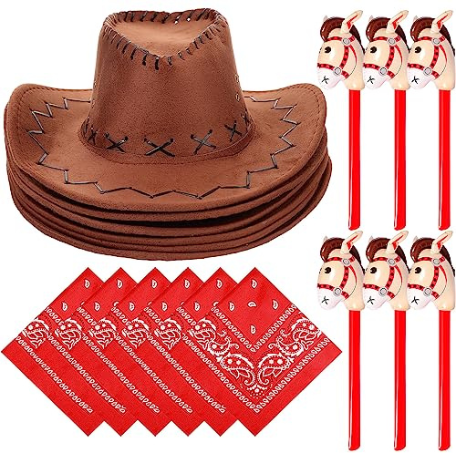 Leumoi 18 Pcs Kids Cowboy Hats with Bandana and Inflatable Stick Horse Set Include 6 Cowgirl Hat 6 Bandana 6 Stick Horse(Brown, Red)