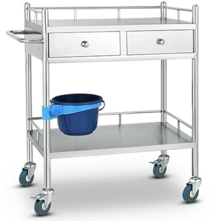 DELURA Labor-Rollwagen, Trolley-Wagen, Medizinischer Mehrzweckwagen, Edelstahl-Rollwagen, Catering-Zahnklinik-Allzweckwagen mit Schmutzeimer, 2 Schubladen