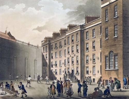 Fleet Prison. Circa 1808. After a work by August Pugin and Thomas Rowlandson in the Microcosm of London published in three volumes between 1808 and 1810 by Rudolph Ackermann. Pugin was the artist responsible for the architectural elements in the Microcosm pictures; Thomas Rowlandson was hired to add the lively human figures. Poster Print by Ken Welsh (17 x 13)