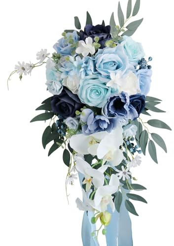 Lovmeety Bouquet da sposa a cascata blu polveroso, bouquet di rose in seta a goccia con fiori di orchidea per matrimoni, anniversari, cerimonie, feste, decorazioni per chiesa