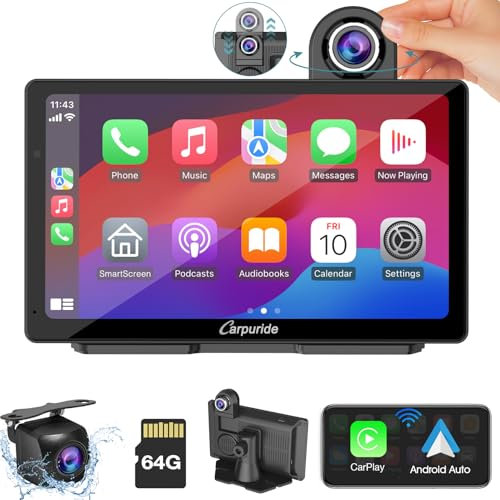 Carpuride W703 Portatile Wireless Carplay e Android Auto con Dash Cam - Schermo IPS HD da 7, Telecamera Anteriore 4K e Telecamera di Backup 1080P, registrazione in loop, GPS, Siri, MontaggioCruscotto