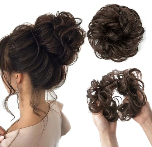 HIZEMLK 1PCS Messy Bun Hair Piece Messy Hair Bun Scrunchies for Women Wavy Curly Chignon Ponytail Hair Extensions Synthetic Thick Tousled Updo Bun (Dark Brown)