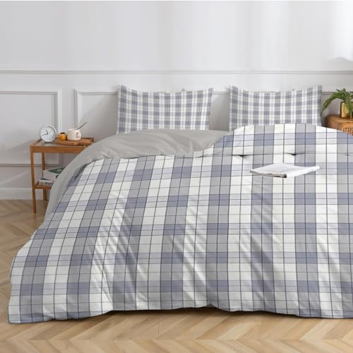 dyausi Housse de Couette 240x260 Gris Parure de Lit 2 Personnes Adulte à Carreaux Housses de Couettes en Microfibre Imprimée et 2 Taie d'oreiller 65x65 cm