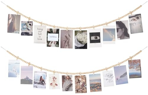 Mkono Hanging Photo Display with Clips, Boho Wood Beads Garland Banner Collage Map Picture Kids Art Holder String with 9 Clips for Bedroom Living Room Office Dorm Decoration