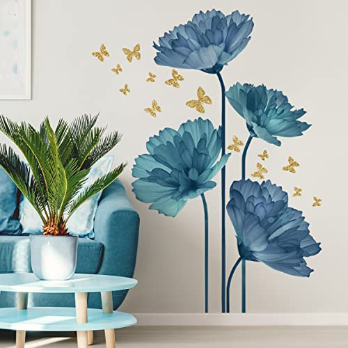Runtoo Adesivi Murali Floreali Blu Adesivi da Parete Fiori e Farfalle Decorazioni Muro Camera da Letto Bagno Soggiorno