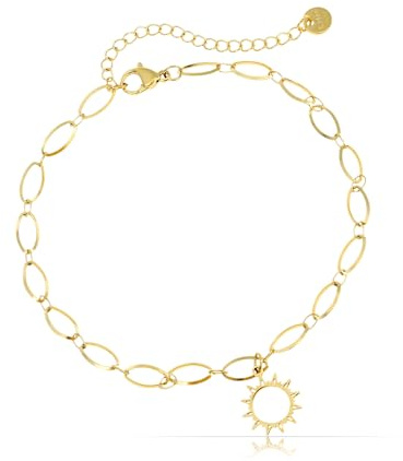 Made by Nami Bracelet de Cheville Femme Doré Acier Inoxydable - Pendentif Soleil Étanche Réglable 22cm + 5cm Extension