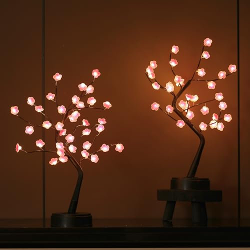 2 Pack Cherry Blossom Tree Lamp, 18inch 36 Led Bonsai Tree Lights, Battery/USB Operated Japanese Decor Night Lights for Bedroom Home Idea, Warm White