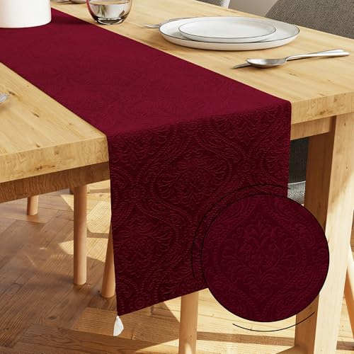 Encasa XO Caminero de Mesa | Terciopelo Grabado | Tamaño 32x240 cm | Color Granate con Poliéster de Primera Calidad - Lavable a Máquina