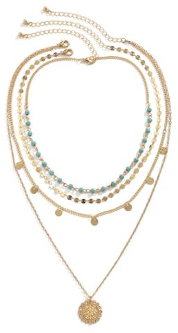 CYWQ Gold Layered Turquoise Necklace for Women Multi Boho Bohemian Long Necklace Coin Pendant Necklaces Jewelry (Layered Beaded necklace)
