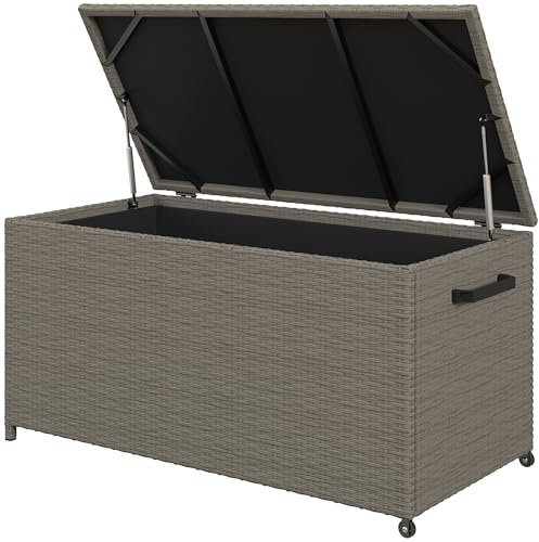 Outsunny Coffre de jardin en résine tressée, coffre de rangement extérieur 184 L avec roues, vérins à gaz, résistant aux UV pour extérieur, jardin, balcon, 102 x 52 x 52 cm gris