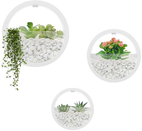Väggvas-set, 3-delad väggväxtkruka hängande blomkrukor, dekorativ växtkärl, ytterkruka väggmontering för suckulenter, konstgjorda växter, luftväxter, kaktusar, rum, balkong, trädgård (vit)