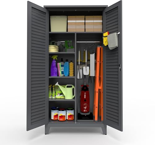 Shutter Metal Storage Cabinet,Waterproof 73'' Tall Freestanding Tool Chest w/ 3 Adjustable Shelves,Locking Doors,2 Hanging Rod,Utility Garage Storage Tool Cabinet for Garage,Home,Office,Outdoor,Black