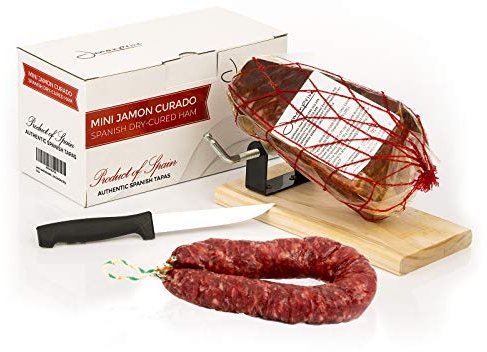 Jamón Serrano Curado Deshuesado 1 kg + Jamonero Kit + Salchichón 200 gr