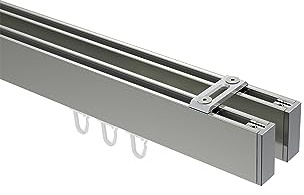 INTERDECO Innenlauf-Gardinenstange eckig 14 x 35 mm 2-läufig, kantige Innenlaufstange aus Metall, Edelstahl-Optik mit Chrom, zur Deckenmontage, Typ 10212817, 180 cm