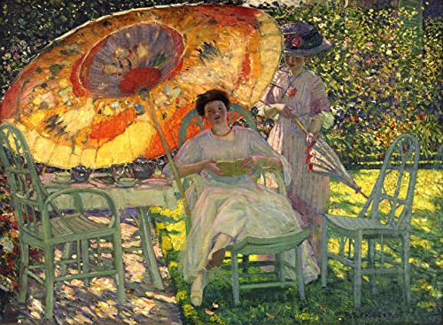 WONDERFULITEMS Canvas The Garden Parasol Sunshine Elegant Women having Tea Outside Summer 1910 Painting By Frederick Frieseke 22 x 30 Image Size Art Repro on Canvas Rolled Up. PINTAR516