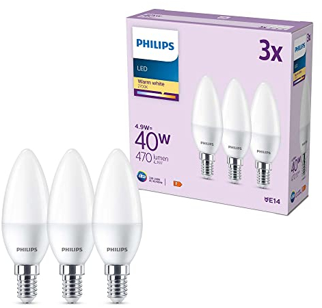 Philips LED E14 Candela, confezione da 3 lampadine, equivalente a 40 W, lampadine LED smerigliate, Plastica, Luce Bianca Calda 2700K, LED a risparmio energetico con lunga durata