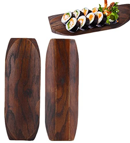 Beufee Platos Rectangulares Bandejas Aperitivos, Juego de 2 Servir Bandeja Plato de Sushi Bandejas para Servir Con Diseño Ranurado para Aperitivos, Queso, Postres, Frutas, Ensalada, Platos de Madera