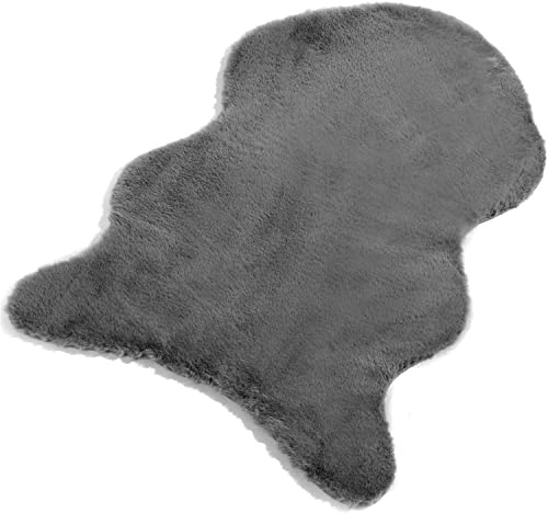 Schaffell-Imitat Vorleger, Lammfell Teppich, Kunstfell, flauschiger Schaffell Vorleger, Bettvorlerger, kleiner Teppich ca. 60x90cm Lonhair, Fell-Optik- KEIN ECHTFELL (Grau)