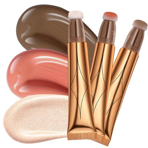 Ofanyia 3Pcs Blush Contour Zauberstab, Flüssiger Glitter Face Highlighter Stick mit Cushion Applikator, Cruelty-free Silky Smooth Shimmer Beauty Wand for Face Cheekbone Glow
