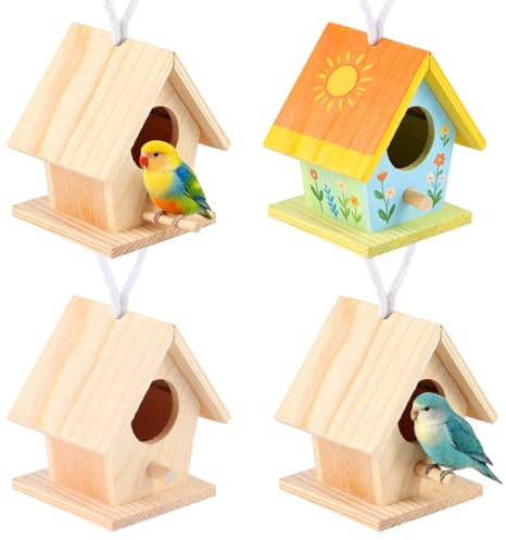 Casa de Pájaros de Madera, 4 Piezas de Sicómoro Colgante de Casa de Pájaros Caja de Anidación Nidos de Pájaros de Madera Natural Sin Terminar con Poste