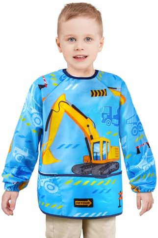 WERNNSAI Truck Art Smock for Kids- Kids Aprons for Girls Waterproof Toddler Art Smock Painting with Long Sleeve and 3 Pockets Little Boys Painting Eating Cooking Baking Gardening Water Play Apron
