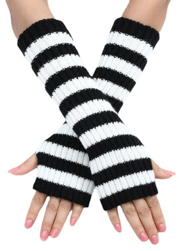 Y2k Striped Arm Warmers Long Fingerless Knitted Gloves Punk Gothic Alt Emo Scene Cool Winter Arm Sleeves Grunge Accessories (Black,One Size)